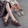 Genuine Leather French Flower Pointed Toe Sandals Retro Versatile Women's Low Heel Shoes