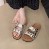 Retro Double Buckle with Silver Platform Slippers Summer Versatile Cool Slippers with Skirt Round Head Casual Slippers Women
