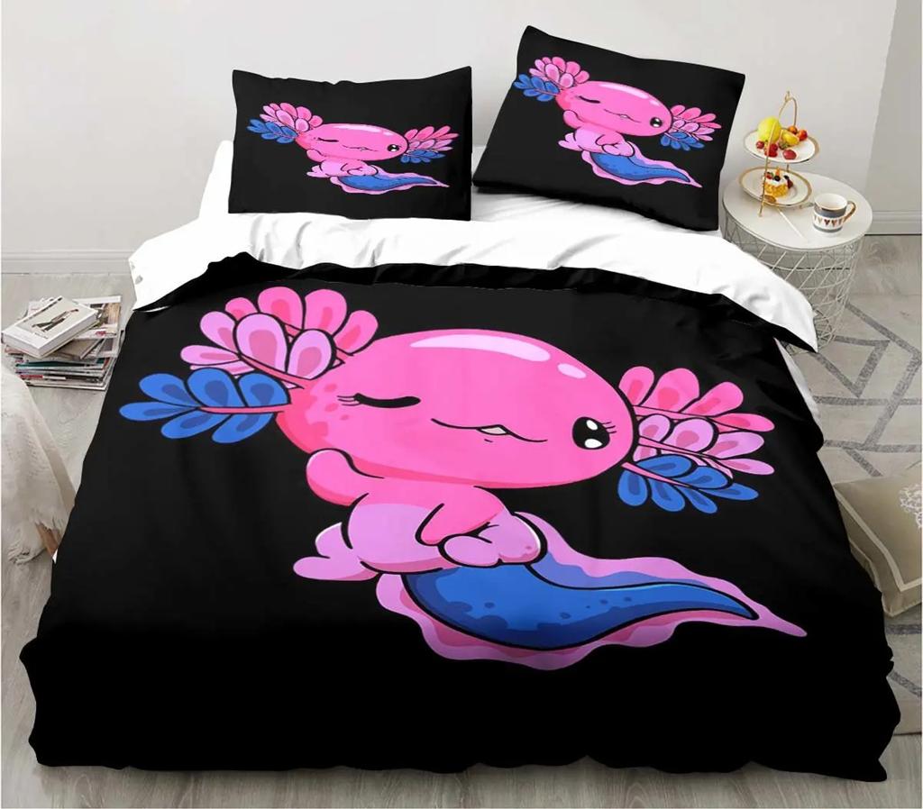 Cute Kawaii Axolotl Art Christmas Navidad Gift King Twin Double Child Customized Bedding Set Duvet Cover with Pillowcase 3 Piece