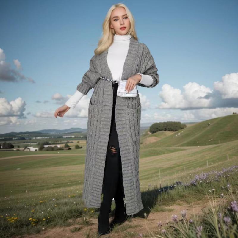 Длинный вязаный кардиган, элегантный однотонный свитер с длинными рукавами и карманами, женский