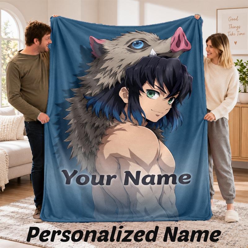Custom Name Inosuke Hashibira Flannel Throw Blanket Personalized Text Soft Blanket Bed Sofa Gift