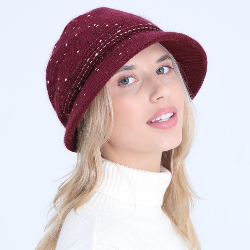 Knitted Hat Women Autumn Winter Mixed Color Fashionable Mom Rabbit Yarn Basin Hat with Thick Velvet Insulation Hats & Caps