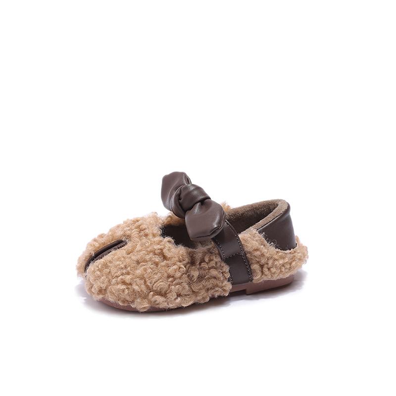 Зимняя детская обувь с мягкой подошвой для девочек, хлопковая обувь, модная детская обувь с бантом, простая плюшевая обувь на плоской подошве, повседневная, теплая, с липучкой