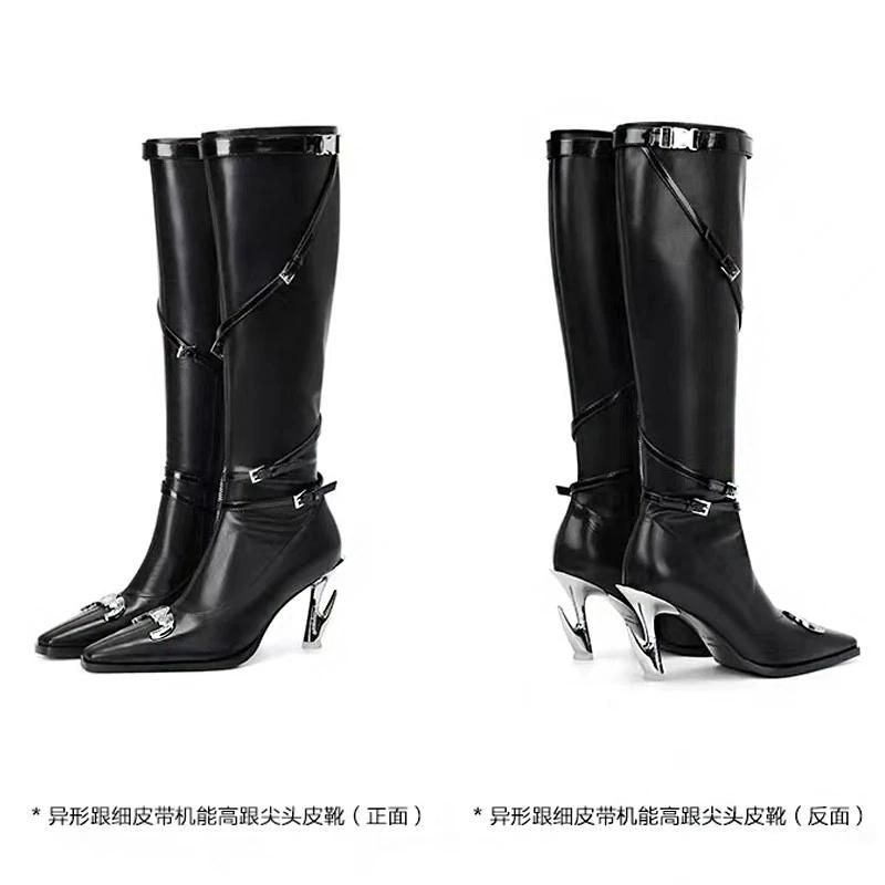 Женские ботфорты 2025 Сексуальные туфли с острым носком для женщин Тонкие Были Тонкие Черные Длинные Сапоги Зимняя Мода Вечеринка Туфли на Высоком Каблуке