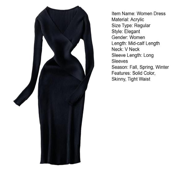 Женское осенне-весеннее платье трикотажное облегающее эластичное полосатое платье с V-образным вырезом в винтажном сплошном цвете с узкой талией противоусадочное платье-футляр миди с длинным рукавом вечерние