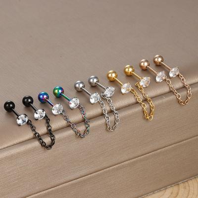 Titanium Steel Double Ear Piercings Round Zircon Chain Tassel Stud Earrings Bone Small Studs