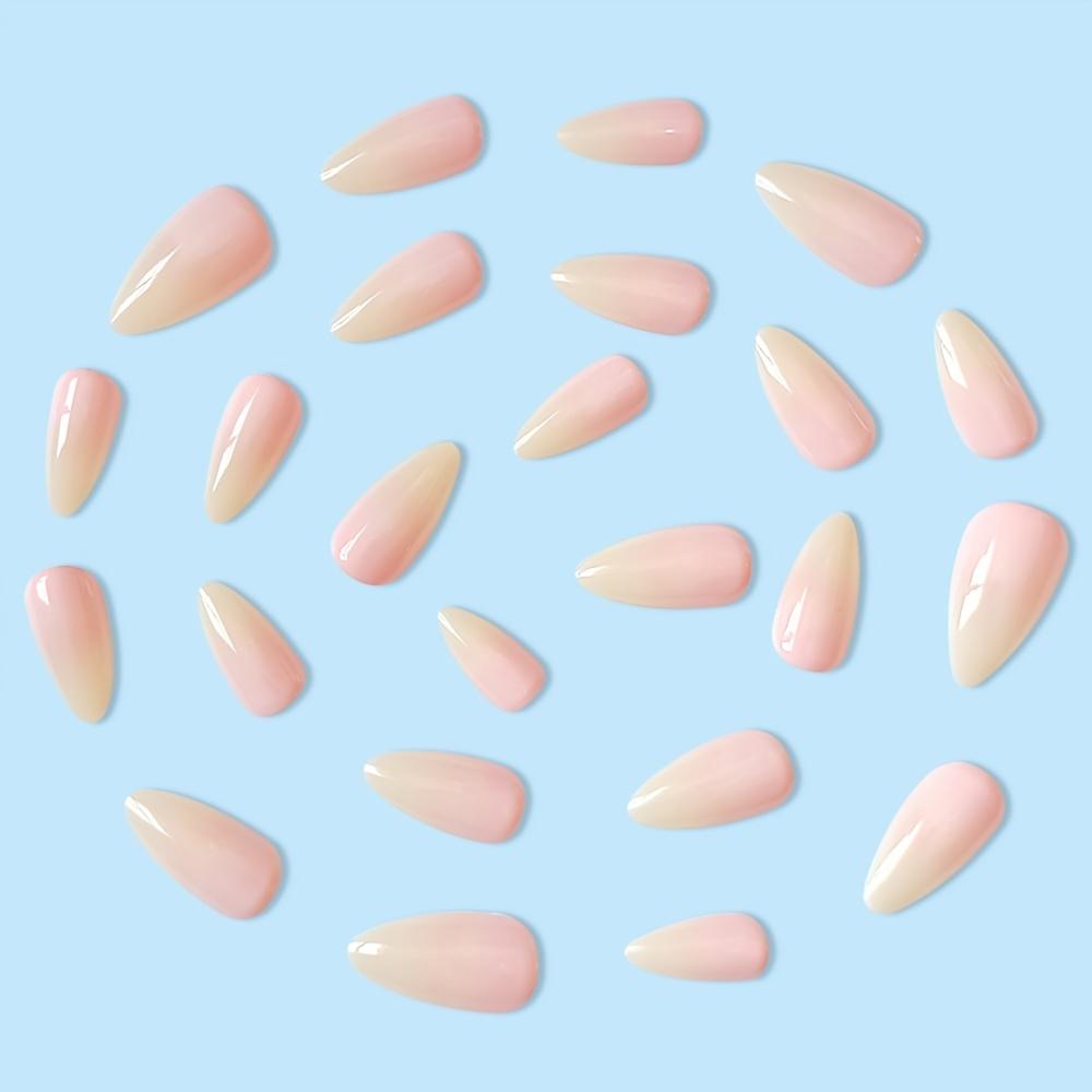 24 Pcs Spring Summer Nude White Press On Nail Medium Length Stiletto Almond Fake Nail Nude Pink Gradient Natural Nail Design For