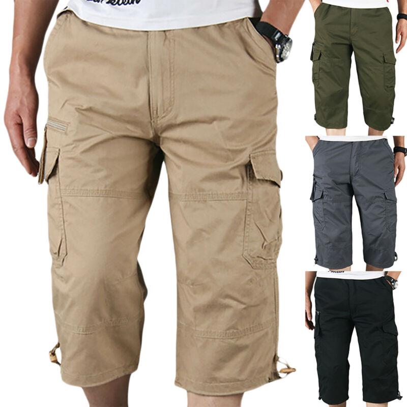 Men Casual Beach Holiday Three Quarter Length Pants Side Pockets Cargo Style Sports Short Trousers