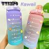 2L Large Capacity Water Bottle with Bounce Cover Time Scale Reminder Frosted Cup with Cute Stickers for Outdoor Sports Fitness