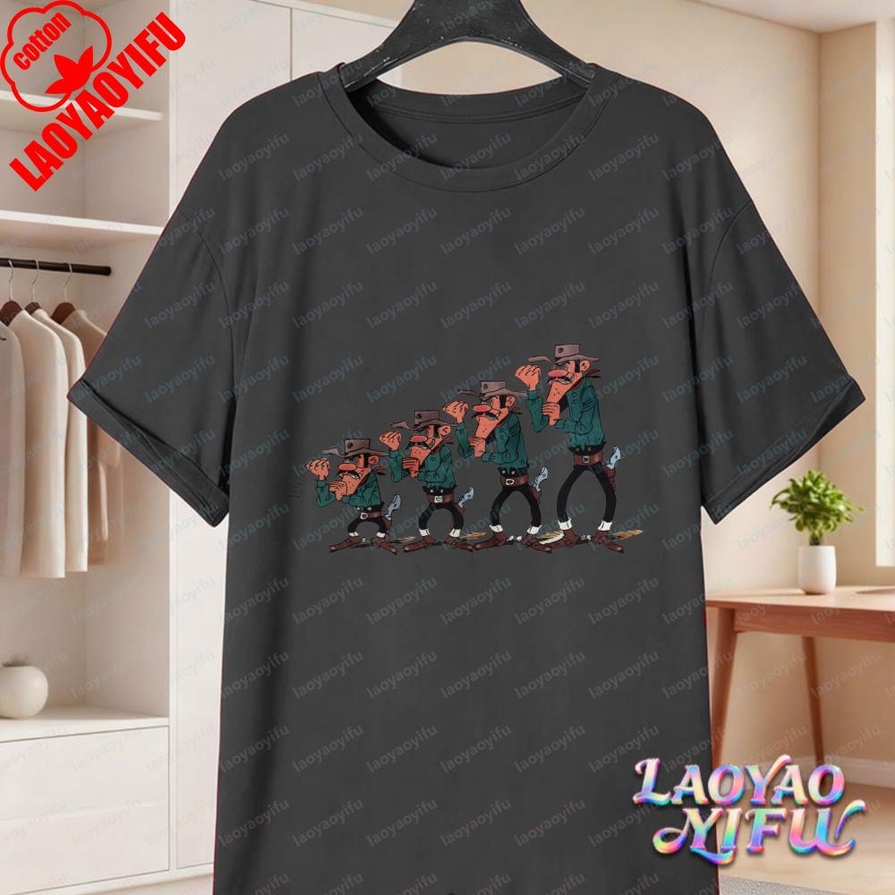 Classic Lucky Luke Cast Print Casual Tops Retro Western Animation Cotton TShirt Summer Casual Wear for Unisex Women Trendy Tee