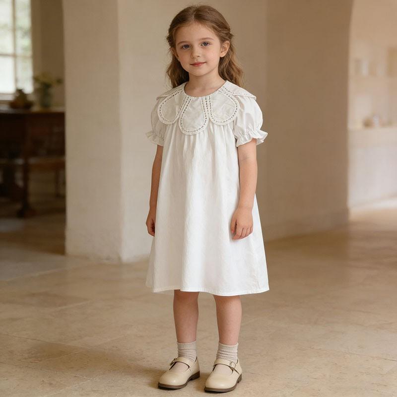 Girls Short Sleeve Dress Petal Neck Pure Cotton Princess Style Casual Kids