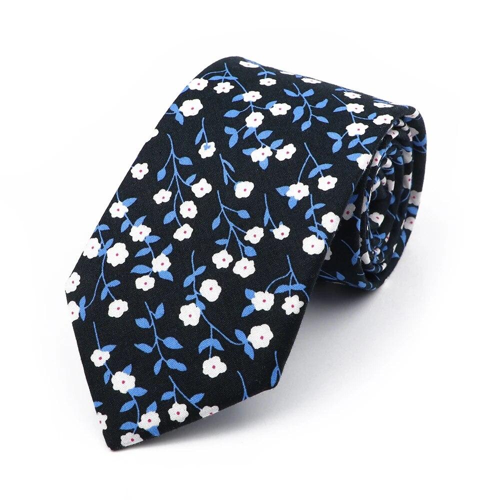 Floral Tie, For Men Women, 100% Cotton, Elegant Flower Necktie, White, Blue, Narrow Skinny, Wedding, Party