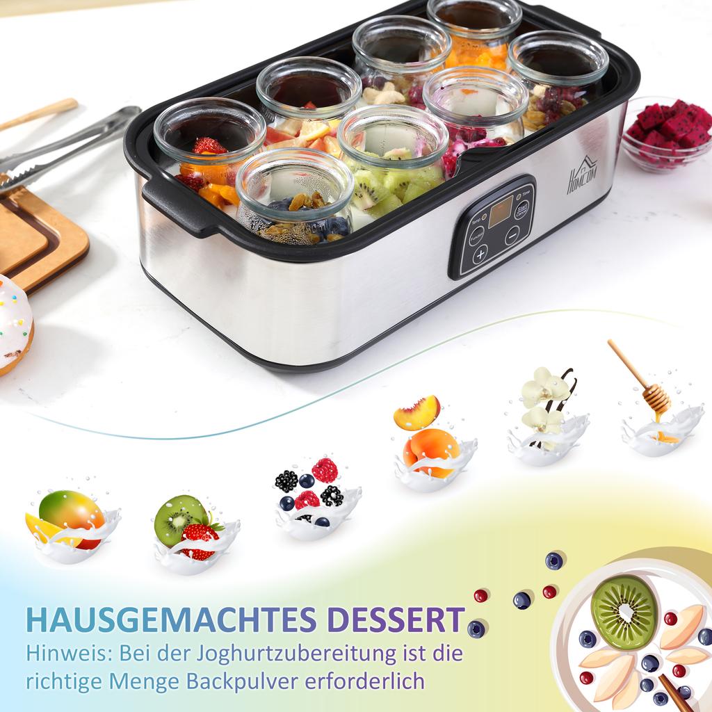 Yogurt Maker, Greek Yogurt Machine with Lid, 8 BPA-Free Glass Inner Containers of 180 ml Each, Yogurt Maker with LCD Display Timer