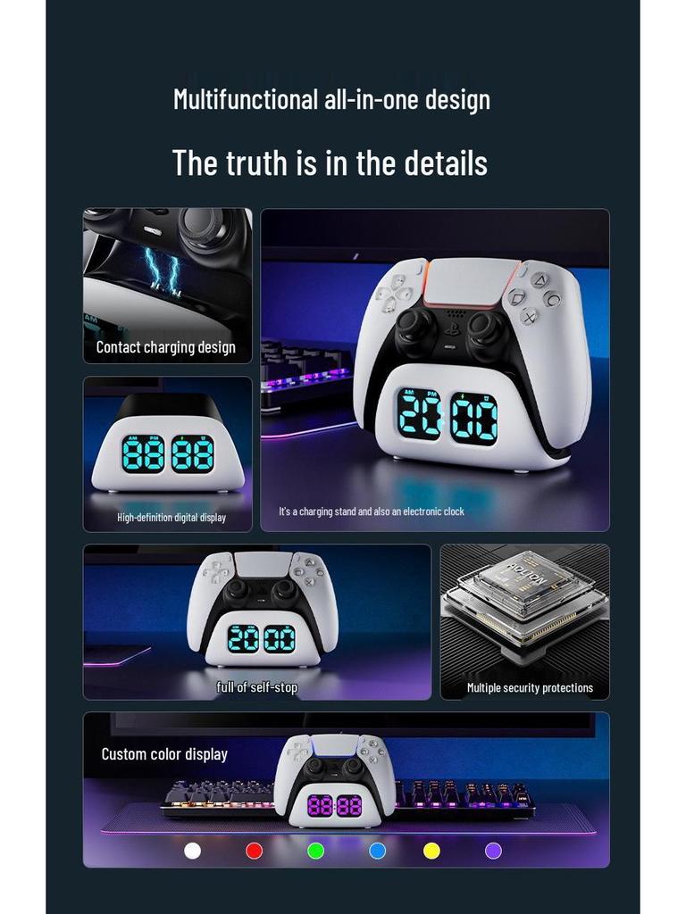 Зарядная станция для контроллера PS5 с дисплеем часов - Быстрая контактная зарядка для контроллеров PS5