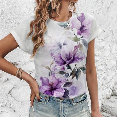 Элегантная женская футболка с художественным цветочным узором, модная футболка с принтом, популярная женская футболка с короткими рукавами для отдыха