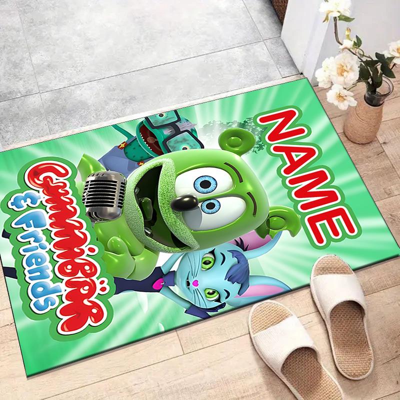 Custom Gummibar friends Mat Personalized Name, Polyester Washable Indoor Entryway Rug, Gift for Christmas, Easter, Thanksgiving Day