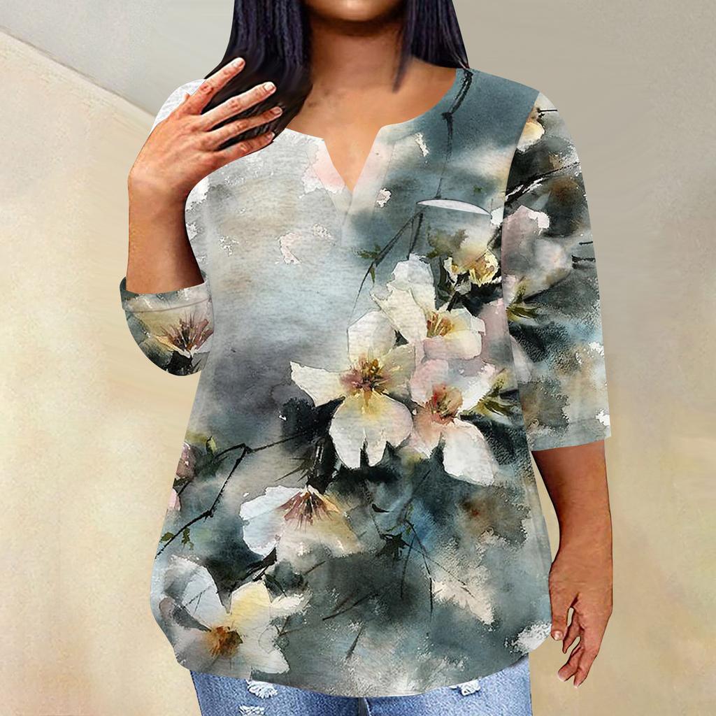 Женский модный повседневный пуловер с рукавами три четверти и V-образным вырезом с принтом, топ с рукавами 4/3