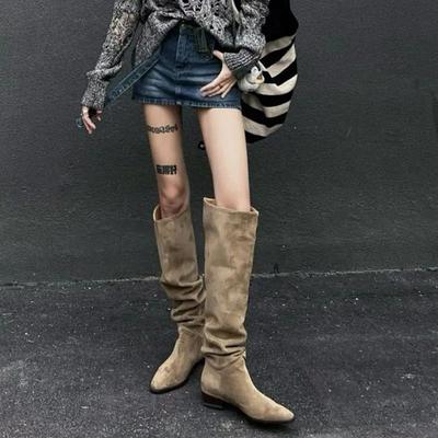 Рыцарские сапоги женские толстый каблук весенне-осенние ковбойские сапоги средний каблук высокое голенище тонкие ретро тонкие плиссированные сапоги-чулки