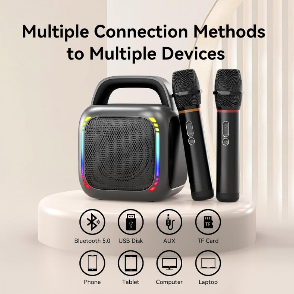 Караоке-машина с 2 беспроводными микрофонами, 5.0 Bluetooth 50 Вт динамик для взрослых и детей, ручка и RGB-подсветка, поддерживает карты памяти TF/USB/Aux In/TWS
