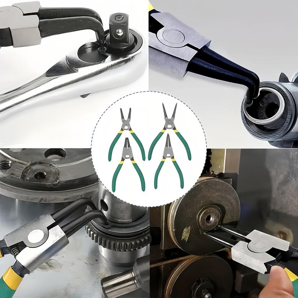 Набор из 4 профессиональных плоскогубцев для стопорных колец, 7-дюймовые сверхпрочные плоскогубцы для внутренних/внешних стопорных колец с прямыми/изогнутыми кончиками, прочная металлическая конструкция,