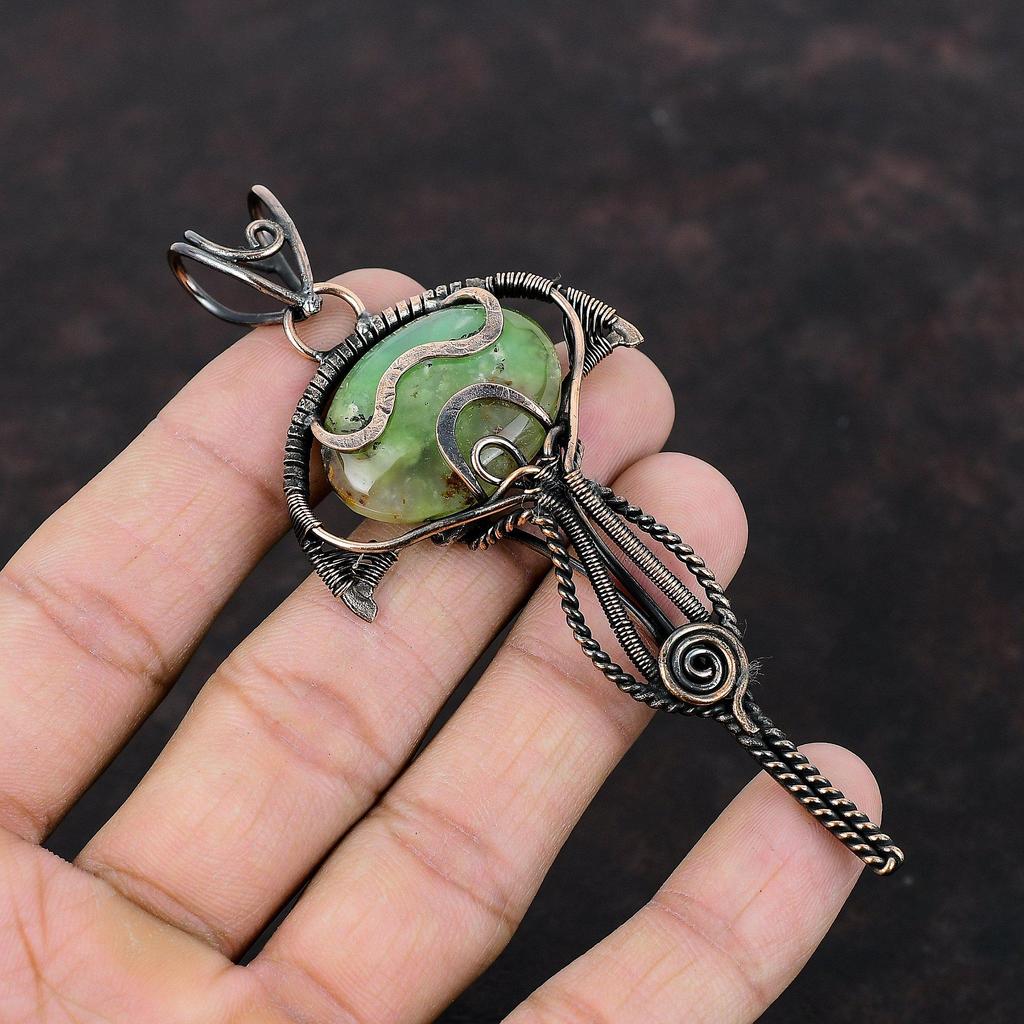 Подвеска из хризопраза Boulder, подвеска из медной проволоки, ювелирное изделие ручной работы, подвеска из драгоценного камня, подвеска из медной проволоки для женщин, подарок для мамы