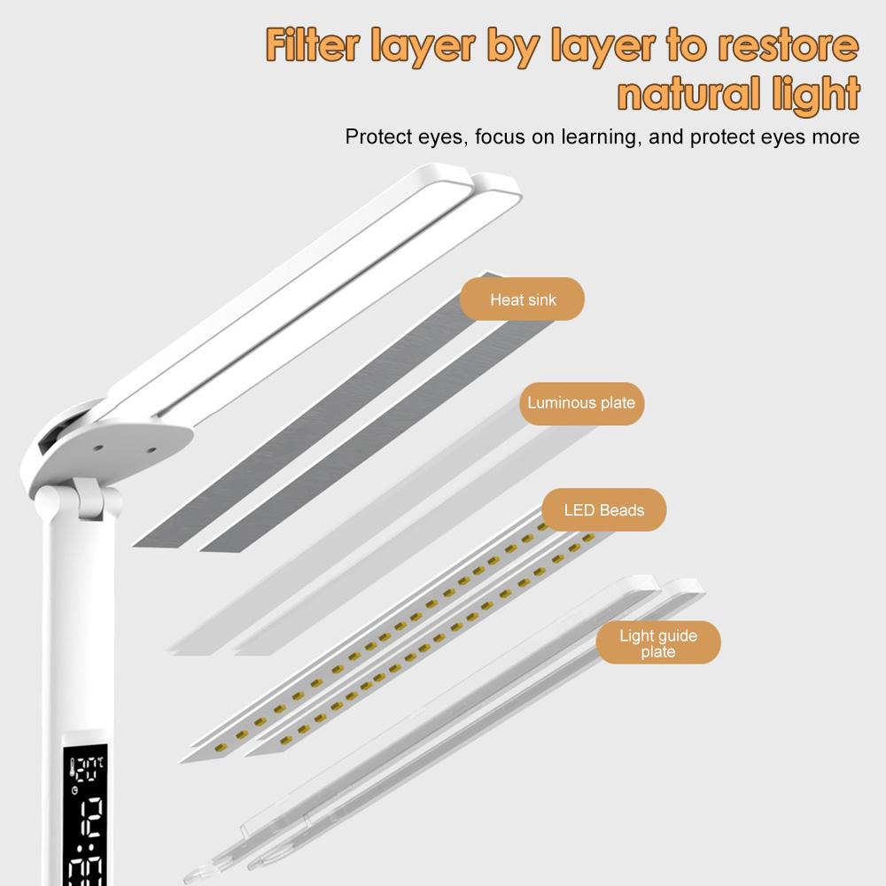 LED Double Head Desk Lamp USB Touch Night Light 3 Dimming Eye Protection Table Lamp Display Temperature Time with Pen Holder