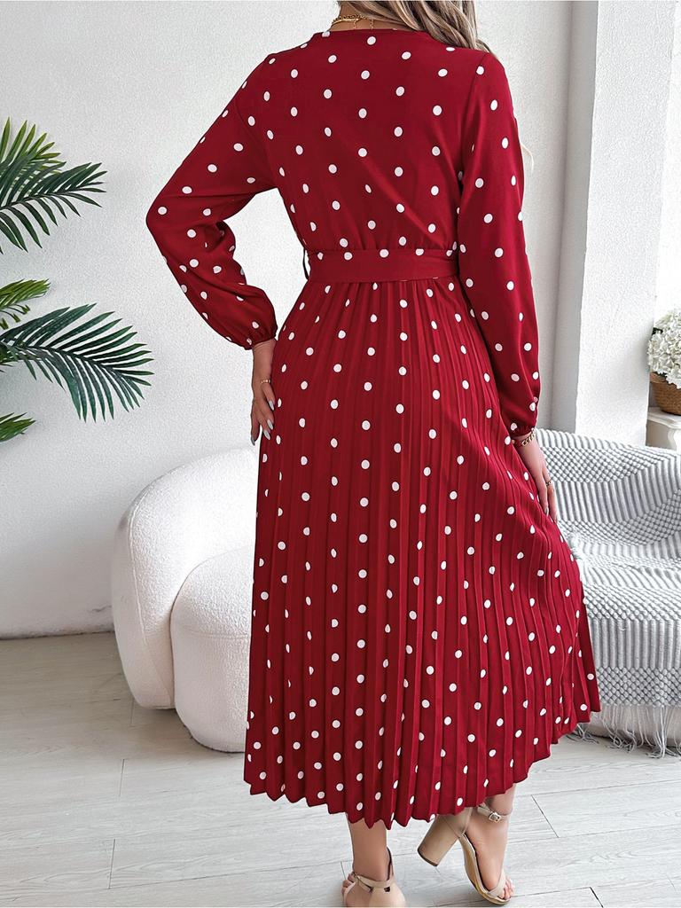 V Neck Printed Overlapping Dress Waist Hugging  Elegant Pleats Wave Point Dress for Women Long Sleeve Loose Dresses Causal Dress