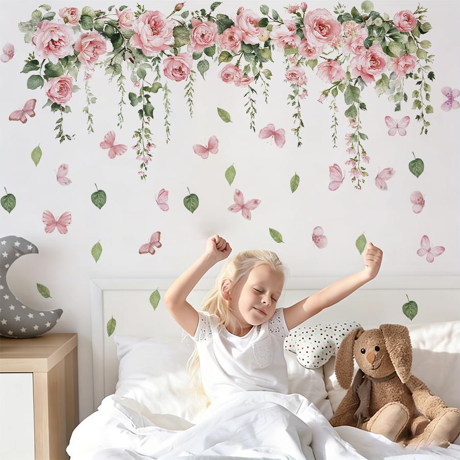 Pink Rose Butterfly Wall Stickers For Girl's Bedroom Living Room Decor Removable Peel And Stick Spring Summer