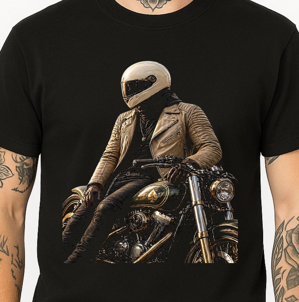 Biker T-Shirt Motorcycle Rider Helmet Leather Jacket Chopper Vintage Tee.