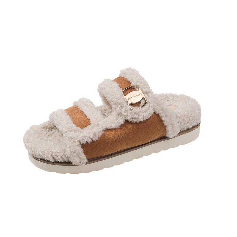 Plush Slippers for Women Winter Fur Slippers Outdoor Fluffy Slides Mules Flip Flops Fashion Warm Comfort Casual Flat Slipper