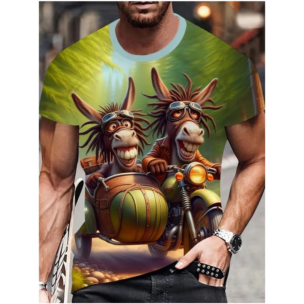 Men's Fun Cartoon Donkey Print Short Sleeve Cute Round Neck T-Shirt, Lightweight Quick-Dry Spring and Summer Travel Beach Top