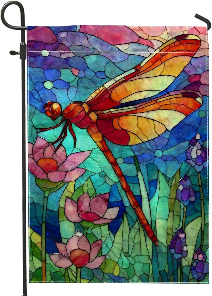 Dragony Garden ag, Colorful Stained Glass Home Decor Banner, Double Sided Outdoor Lawn Decoration for Spring Summer Part WZZ