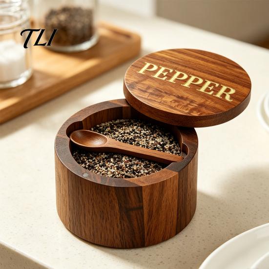 Durable Wooden Seasoning Pot Wood Salt Container with Swivel Magnetic Lid, Built-in Spoon Lid Condiment Holder Jar, Moisture Proof Spice for