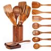 9 PCS Wooden Spoons For Cooking, Wooden Utensils For Cooking With Utensils Holder, Teak Wooden Kitchen Utensils Set