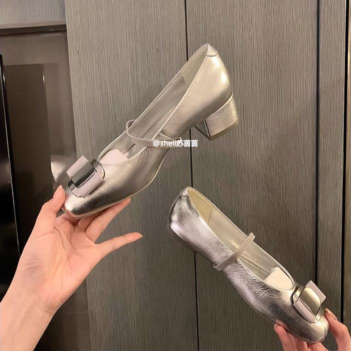 Весна 2025 Кожаные балетки Мэри Джейн с бантом и квадратным носком