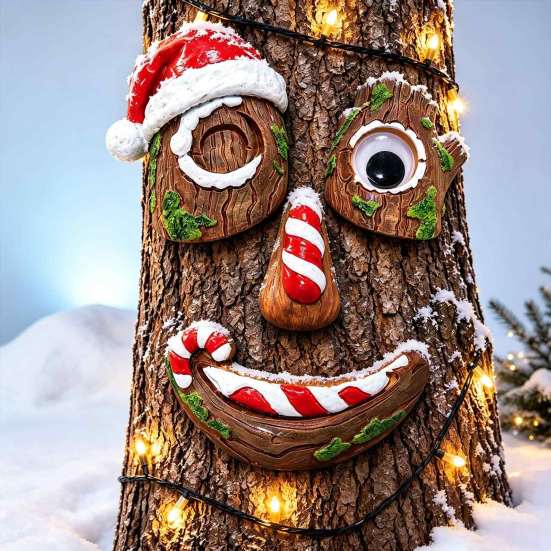 Easy Install Tree Face 5 Pcs/Set Outdoor Decor, Christmas Resin Art with Unique Trunk Decoration Santa Hat, Funny Eyes Nose Mouth Set for Garden Yard
