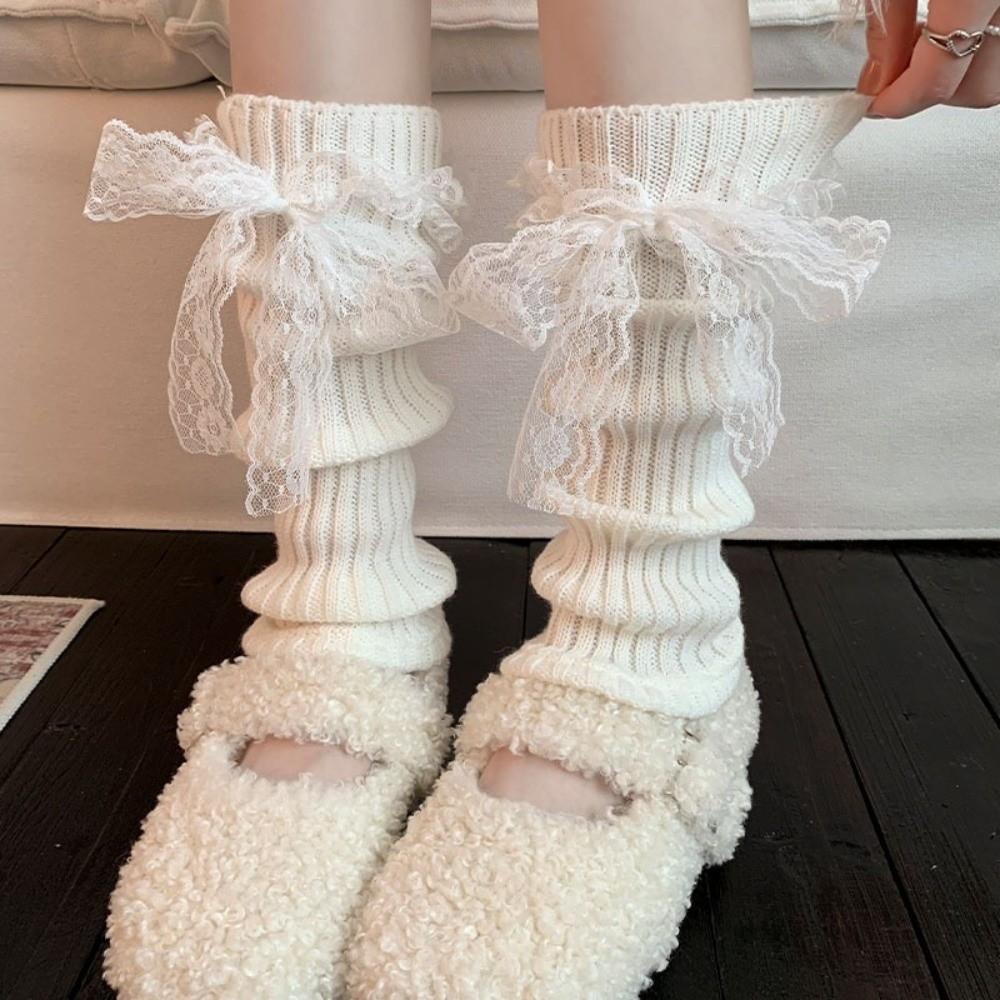 Lace Trim Slouch Socks Knit Design Ruffled Leg Covers Cozy Knit Leg Warmers For Women