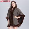 Lining Velvet Poncho Women Faux Rabbit Fur Collar Cape Big Pendulum Dovetail Cardigan Winter Cloak Knitted Warm Thick Coat