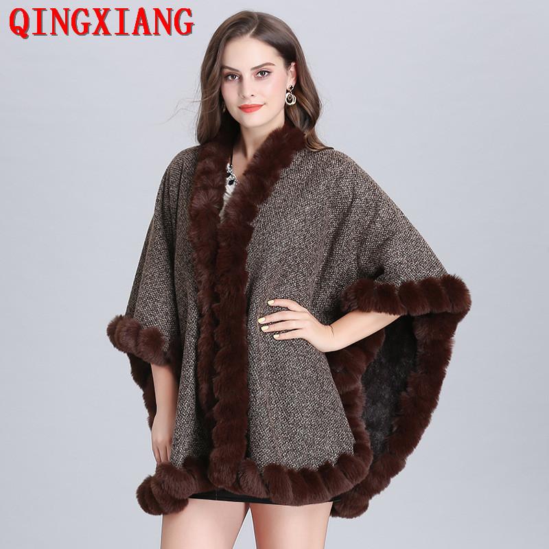 Lining Velvet Poncho Women Faux Rabbit Fur Collar Cape Big Pendulum Dovetail Cardigan Winter Cloak Knitted Warm Thick Coat