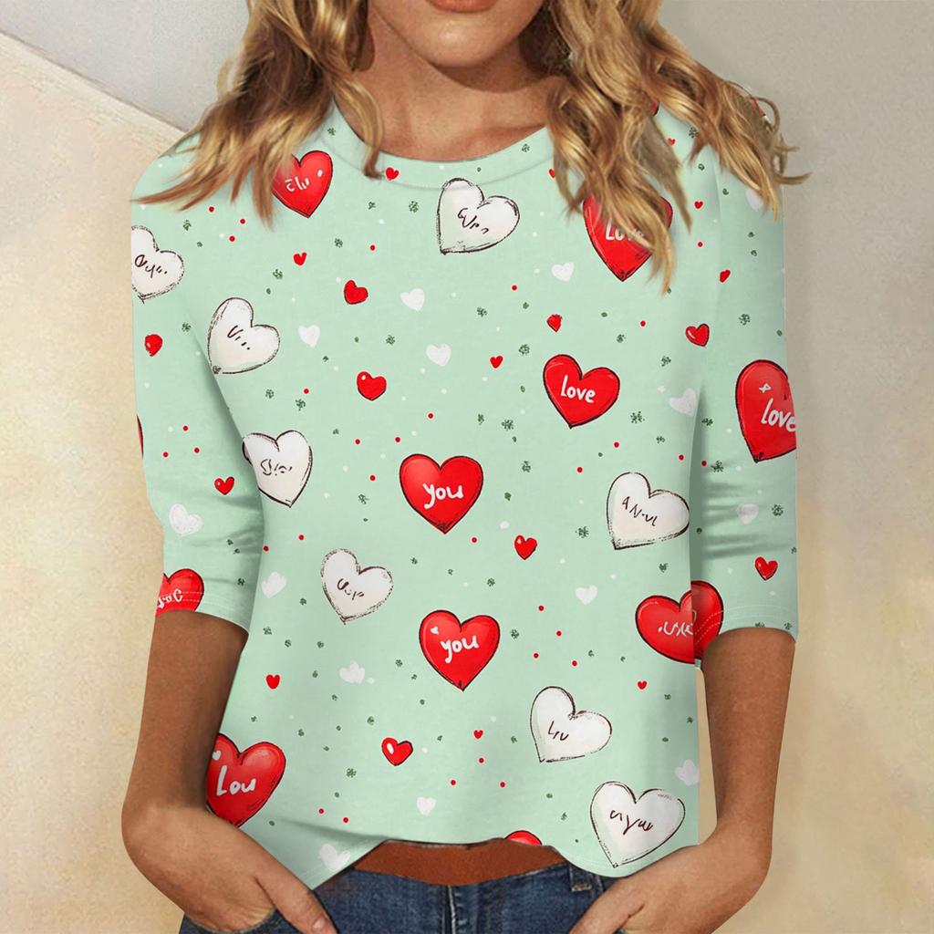 Женские топы с рукавом три четверти, рубашка на День святого Валентина, круглая горловина, свободная повседневная рубашка
