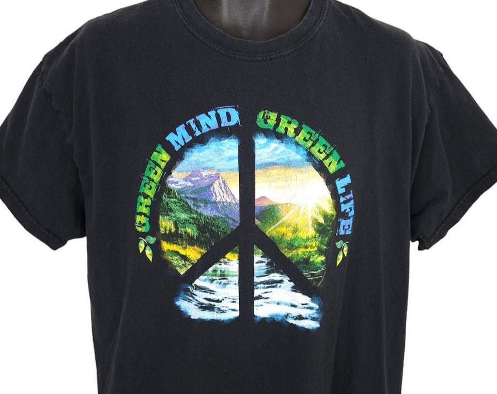 Vintage Nature T Shirt Mens Size XL Black 90s Green Mind Green Life Peace Sandy Valley