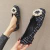 Fashion String Bead Flats Women Round Buckle Ballet Shoes Shallow Moccasins Femme Square Toe Mixed Colors Tweed Fabric Ballerinas Ladies