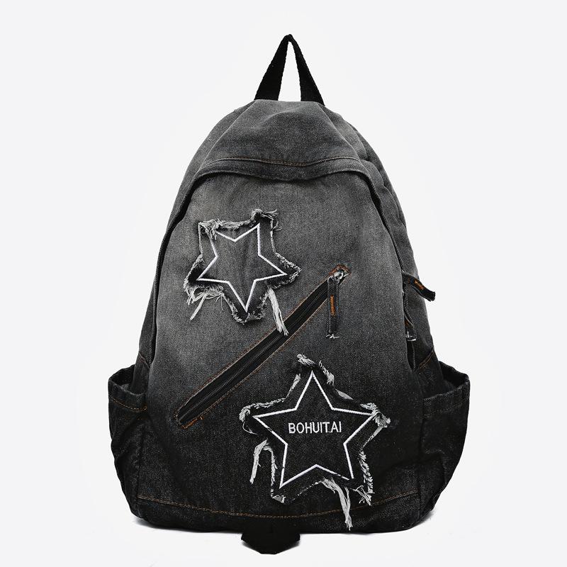 2025 Gradient Wash Star Design Retro Denim Backpack for Students