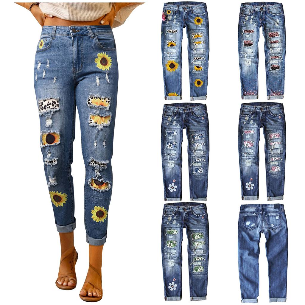 Women's Blue Flower Printed Stretch Jeans High Waist Trousers Patch Ripped Destroyed Denim Pants Skinny Pants