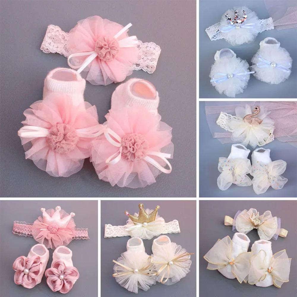Soft Baby Headband Sock Set Floor Socks Children's Boat Socks New Baby Crown Flower Headband
