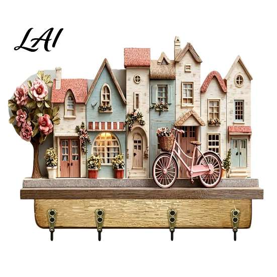 Rustic RV Decor for Entryway Wooden Key Holder Rack Vintage Camping Pattern Rack with 4 Hooks Creative Hanger Entrance 2D Farmhouse Wall Mount