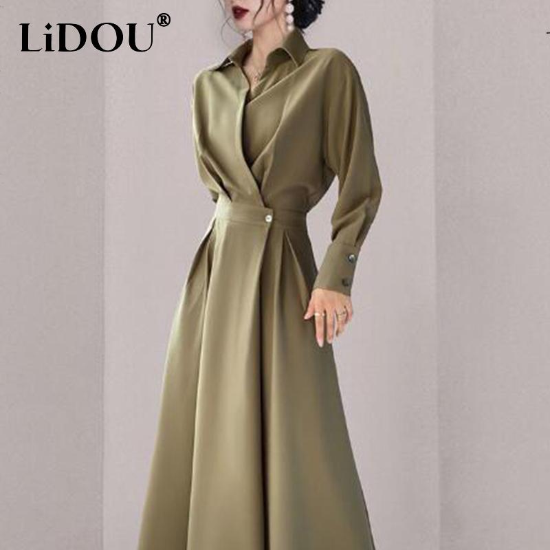 Летние новые элегантные модные однотонные простые длинные платья с высокой талией для женщин с воротником-поло, стильные универсальные платья Vestidos De Fiesta