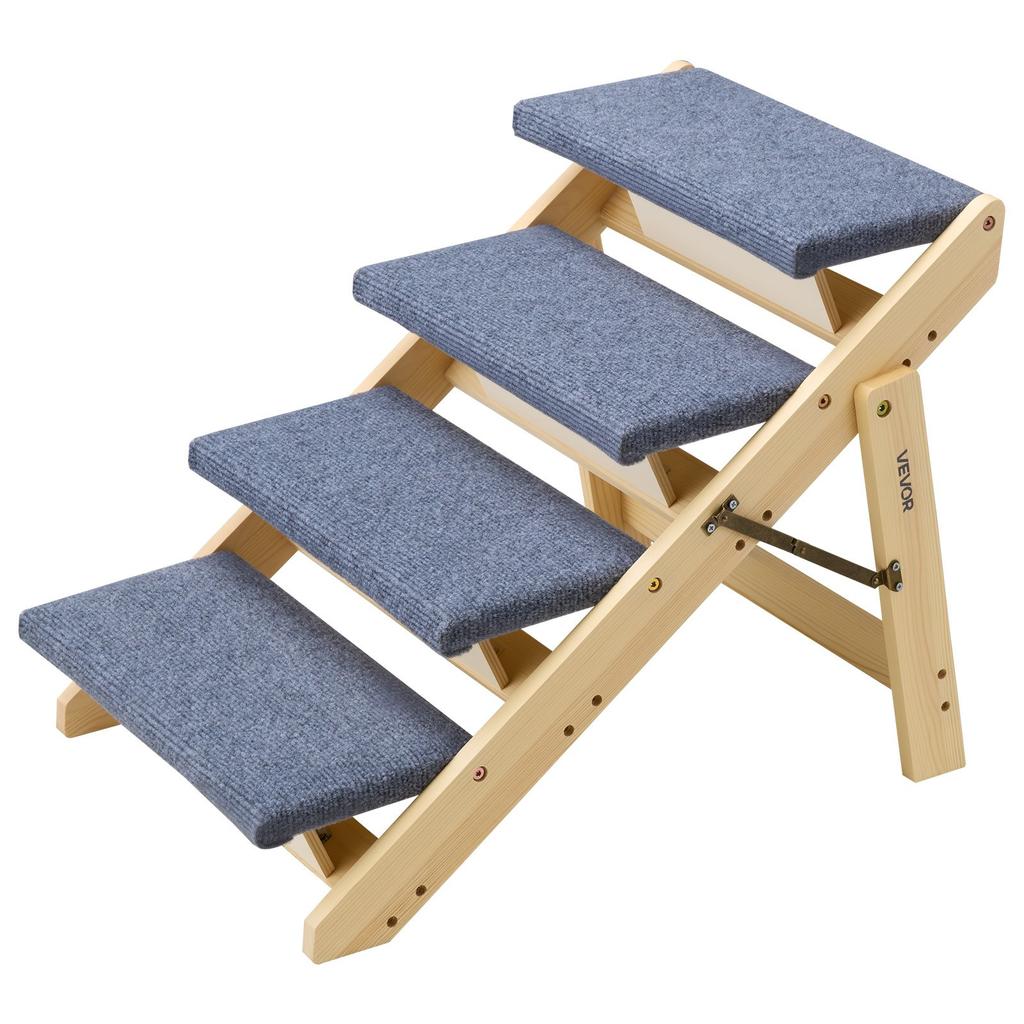 VEVOR Wood Pet Stairs, 4-Step Dog Stairs for Beds, Sofa & Cars, 68 kg Load Capacity, Floded Flat Design