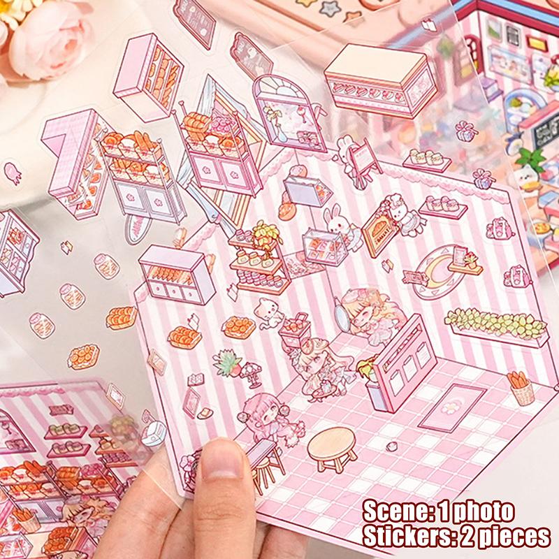 1 набор мультяшных ресторанных миниатюрных сцен для пекарни, 3D-наклеек для ландшафтного дизайна, визуальные трехмерные наклейки для укладки