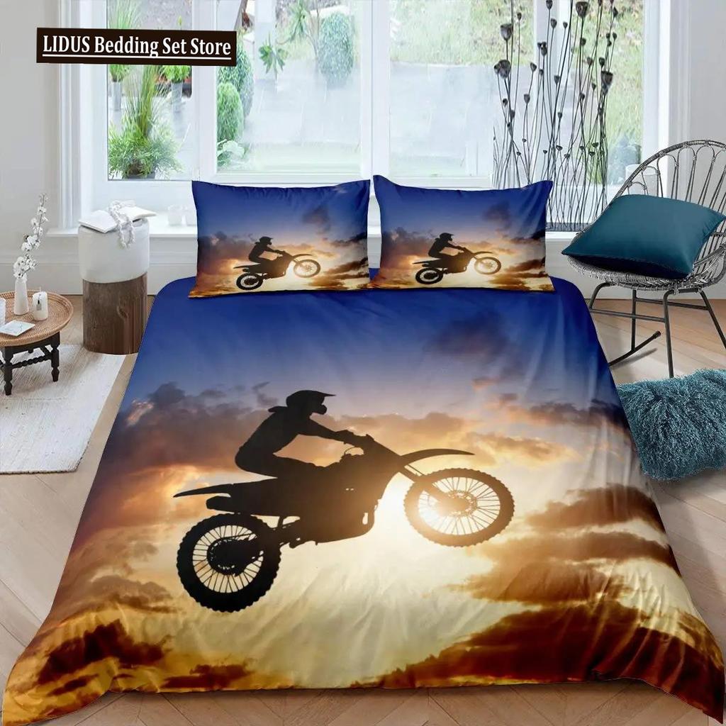 Комплект постельного белья с пододеяльником 'Dirt Bike Motocross Racer' Для детей Подростков Стиль Экстремальные виды спорта Полиэстер Комплект постельного белья Постельное белье Двуспальный Queen King